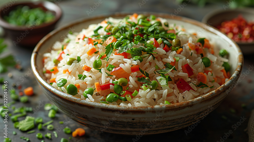 Serene Rice Bowl on Neutral Background Serene Rice Bowl on Neutral Background