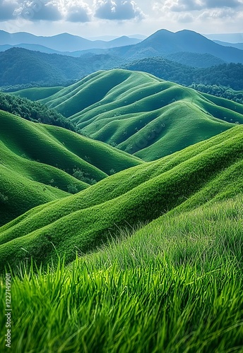 The hills in a mountain valley are illuminated at sunrise, creating a picturesque natural landscape