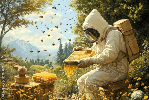 Beekeeper using a scraper to harvest honeycomb, dressed in protective gear, surrounded by buzzing bees and natural outdoor scenery photo