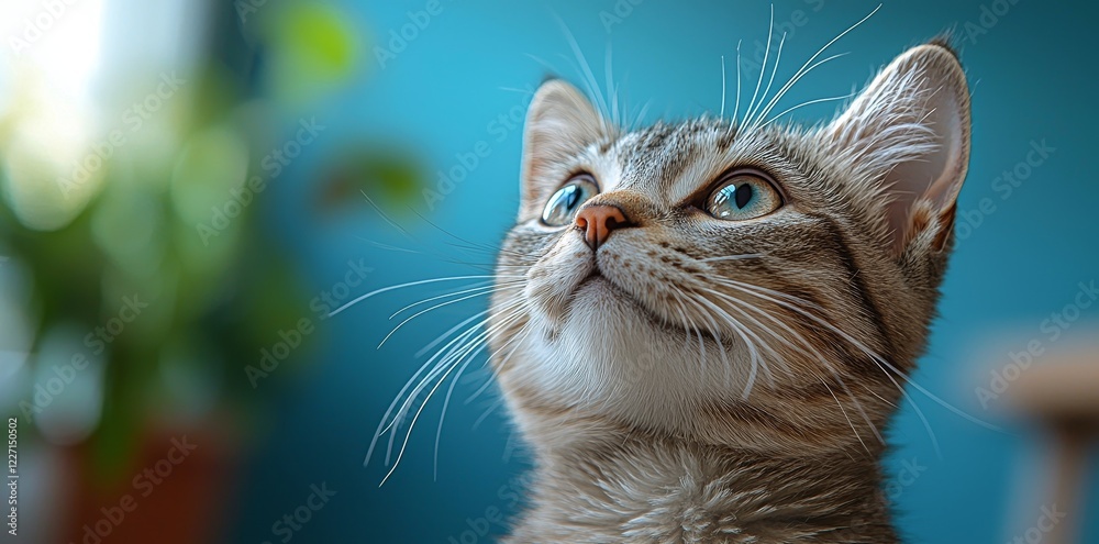 Cute illustration of a cat looking upward on a solid blue background