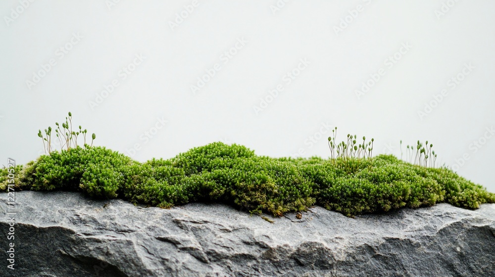 Moss growing on stone, minimal background, nature scene, eco design Moss growing on stone, minimal background, nature scene, eco design