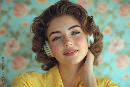 A woman in a yellow blouse, adopting a retro look, uses a vintage telephone headset for communication