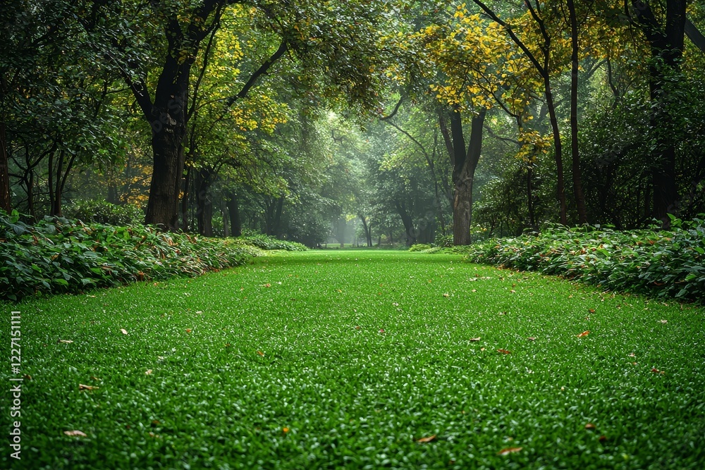 Obraz premium High quality photoA blurry background sets the stage as trees enclose a green field on a cloudy day with overcast skies