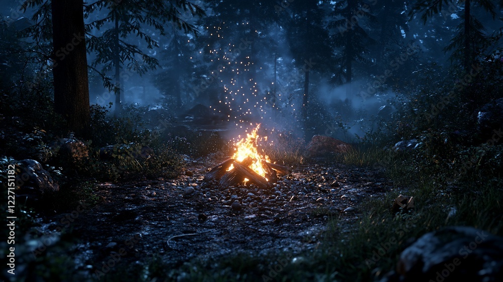 Night campfire sparks misty forest Night campfire sparks misty forest