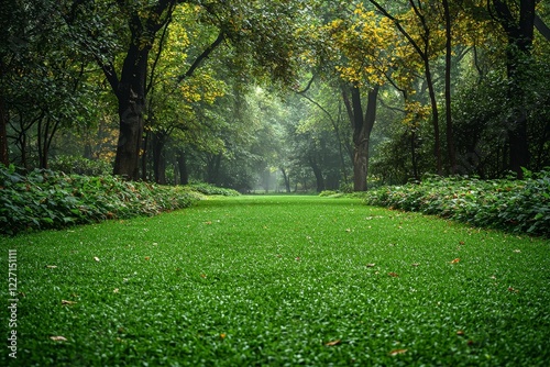 High quality photoA blurry background sets the stage as trees enclose a green field on a cloudy day with overcast skies photo