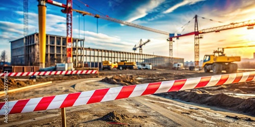 Construction Site Safety: Red & White Warning Tape Marking Dropped Object Zone photo