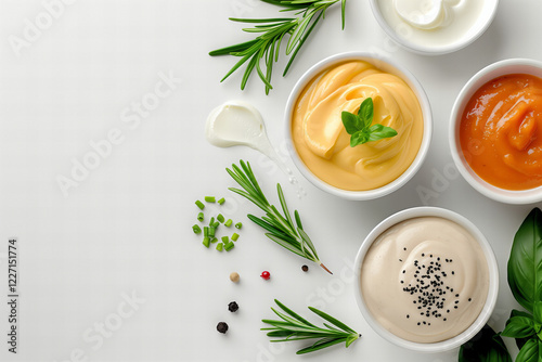 Assorted Sauces in Bowls on White Surface with Fresh Herbs and S photo