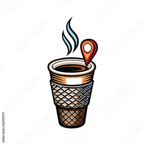 A steaming cup of coffee, condensation clinging to the mug, with a location pin subtly placed on the rim, suggesting a coffee shop or travel destination.