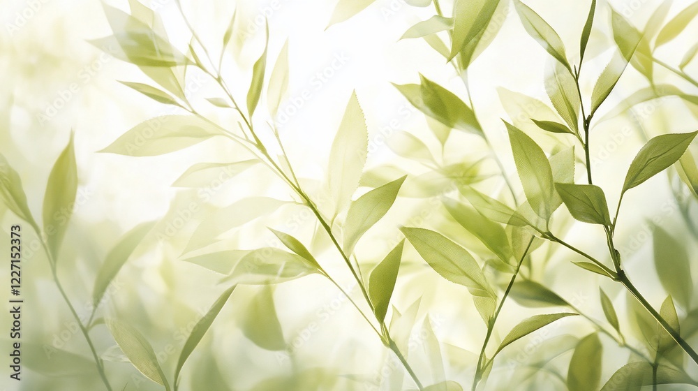 Fototapeta premium Sunlight through green leaves, garden backdrop, nature design