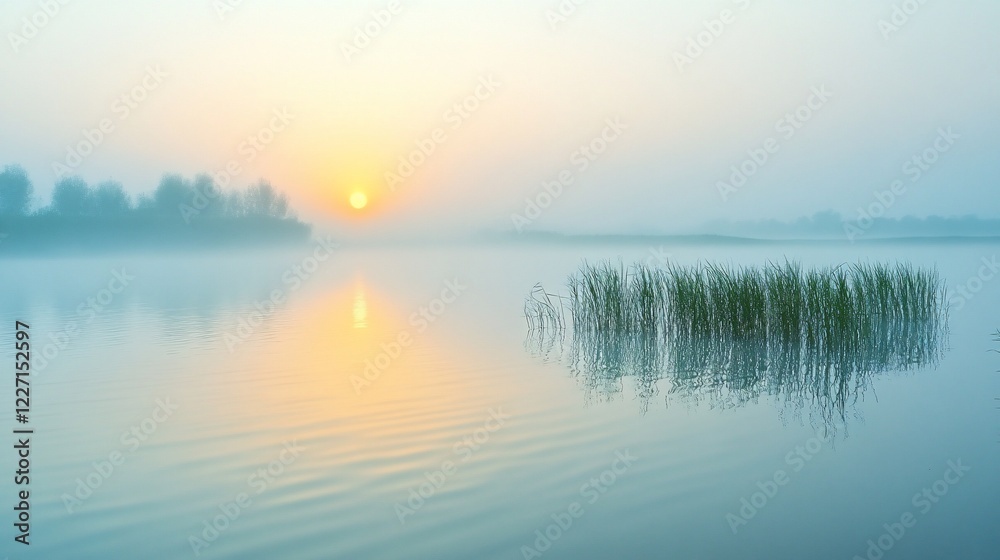 Fototapeta premium Misty sunrise river landscape, tranquil dawn scene, peaceful waters