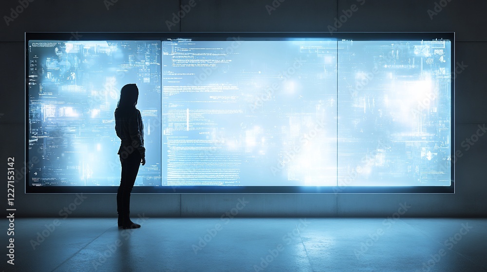 Fototapeta premium Hacker observing data streams on futuristic screen in dark server room