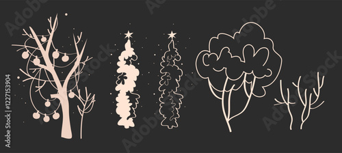 A set of winter Christmas trees, park trees under the snow, a branchy tree with garlands, Winter Tree Collection, christmas Tree Illustrations, branches, contour trees