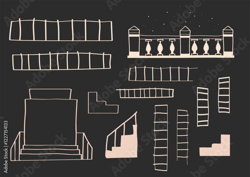 Contour elements of stairs and steps, Vector illustrations of stairs and fences