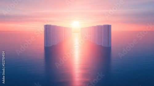 Surreal Sunset Reflection over Ocean with Abstract Vertical Structures