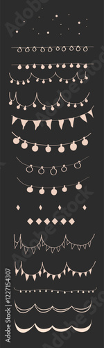 Winter lanterns, decorative flags and ribbons, contour prints of Christmas decorations, New Year's outline and outline, Christmas Garland Set, Hand Drawn Christmas Garlands and Decorations