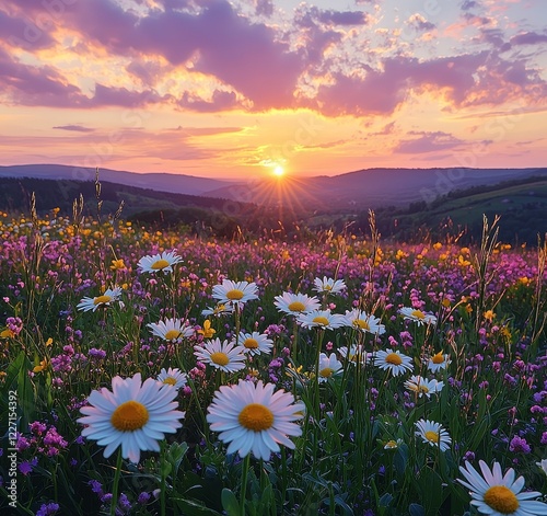 Flowers carpet the mountain field as the sun rises. A stunning natural landscape in the summer