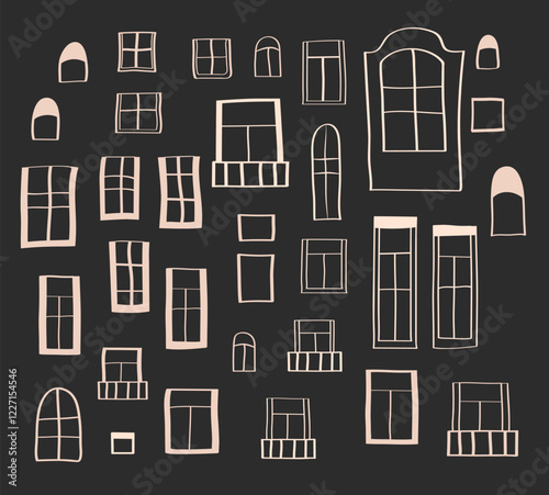 Vintage Window Set, Church Stained Glass, Loft Windows, Linear Window Prints, Christmas windows, window contour illustrations