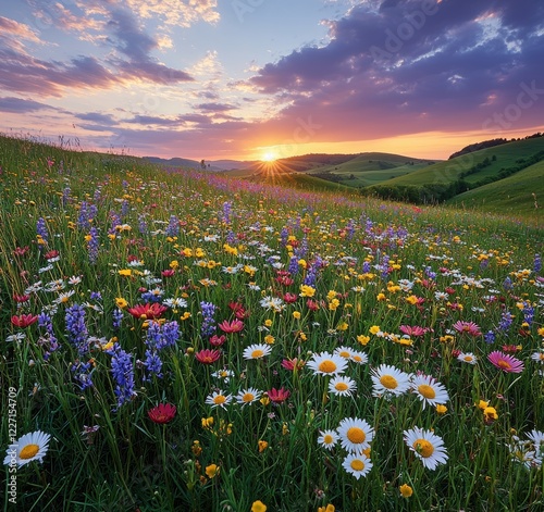 As the sun emerges, flowers flourish on the mountain field, painting a serene summer landscape