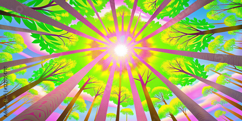 digitally enhanced forest view with psychedelic colors radiating from the center, creating a surreal and vibrant representation of nature.