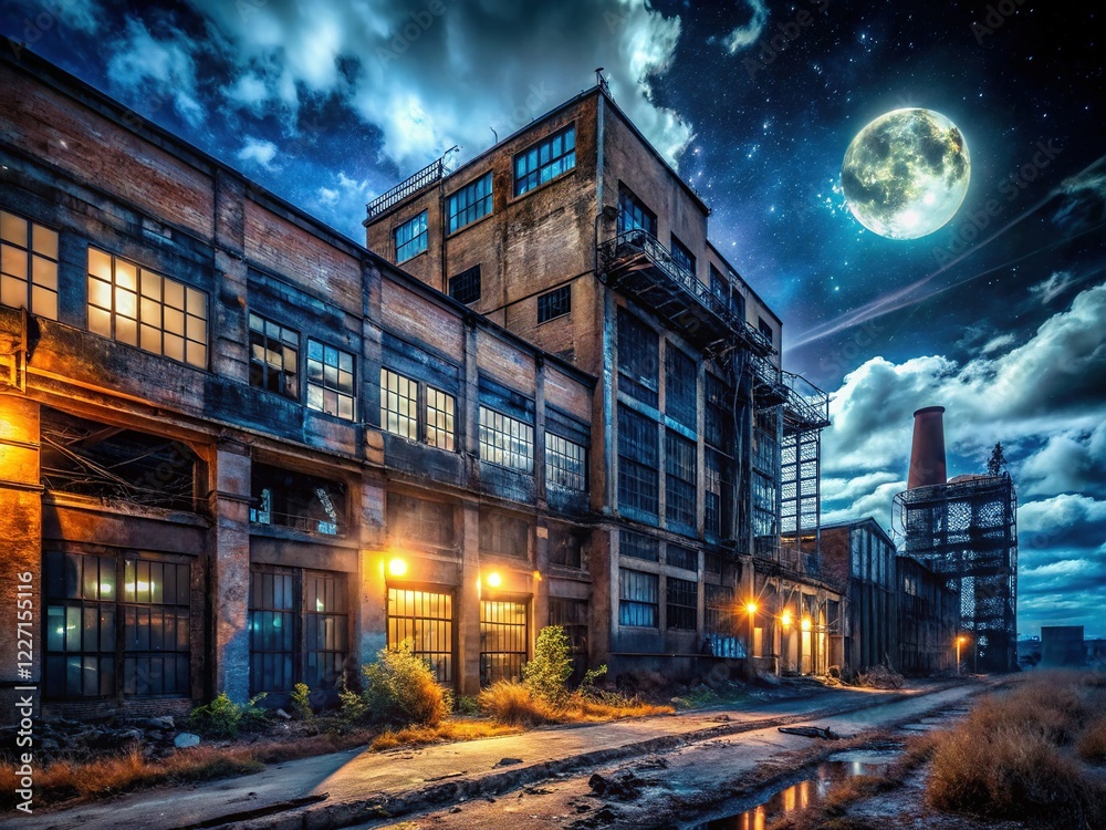 Obraz premium Eerie Night at Abandoned Factory - Industrial Decay Stock Photo