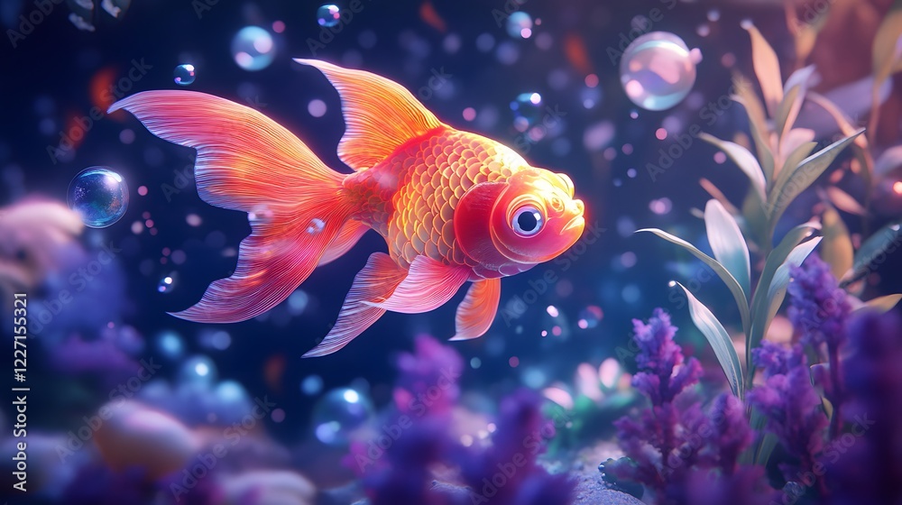 Colorful goldfish swims gracefully in a vibrant underwater habitat filled with bubbles and aquatic plants Colorful goldfish swims gracefully in a vibrant underwater habitat filled with bubbles and aquatic plants