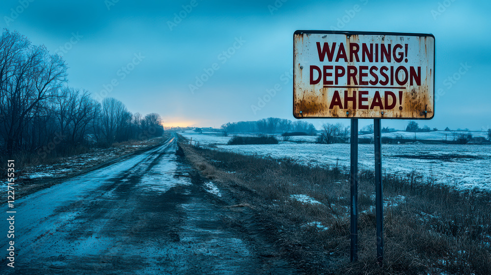 Gloomy winter landscape, road sign reading Warning! Depression Ahead Gloomy winter landscape, road sign reading Warning! Depression Ahead