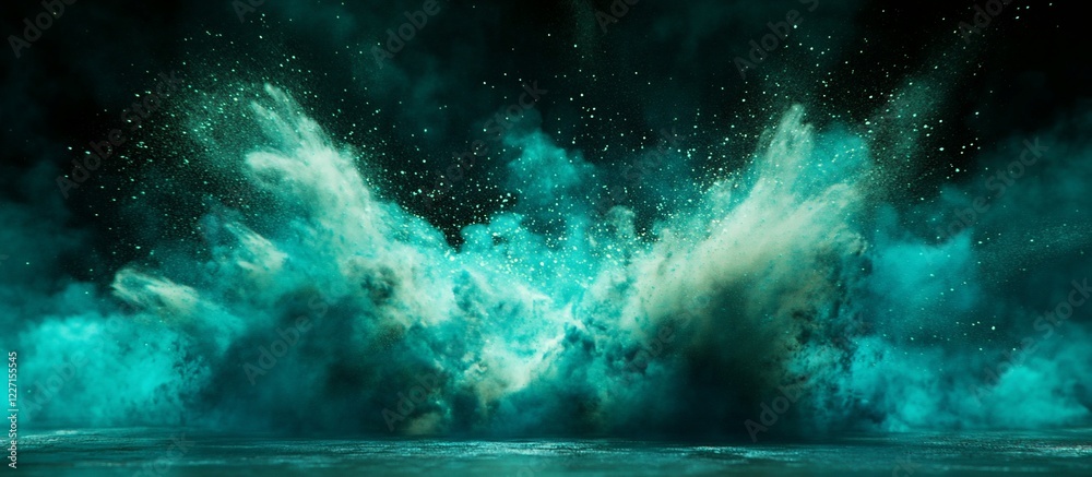 Obraz premium Teal powder explosion, dark studio, sparkling background, design backdrop
