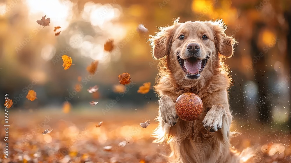 The seasonal charm of autumn is highlighted as a Golden Retriever leaps with excitement to catch a ball in a colorful park, embodying the spirit of outdoor play and physical activity for pets The seasonal charm of autumn is highlighted as a Golden Retriever leaps with excitement to catch a ball in a colorful park, embodying the spirit of outdoor play and physical activity for pets