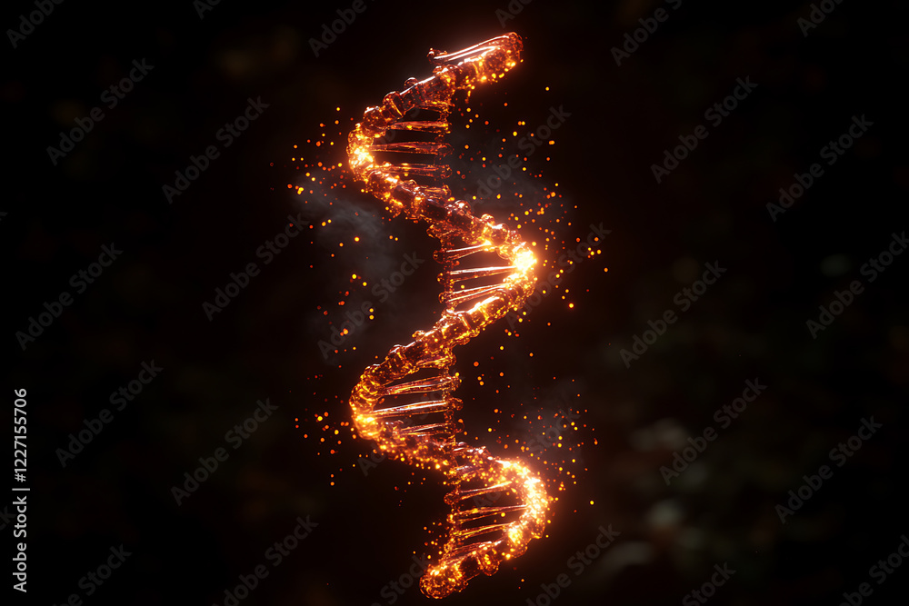 Obraz premium Illuminated DNA helix swirling with sparks in a dark setting displaying the beauty of genetic structure