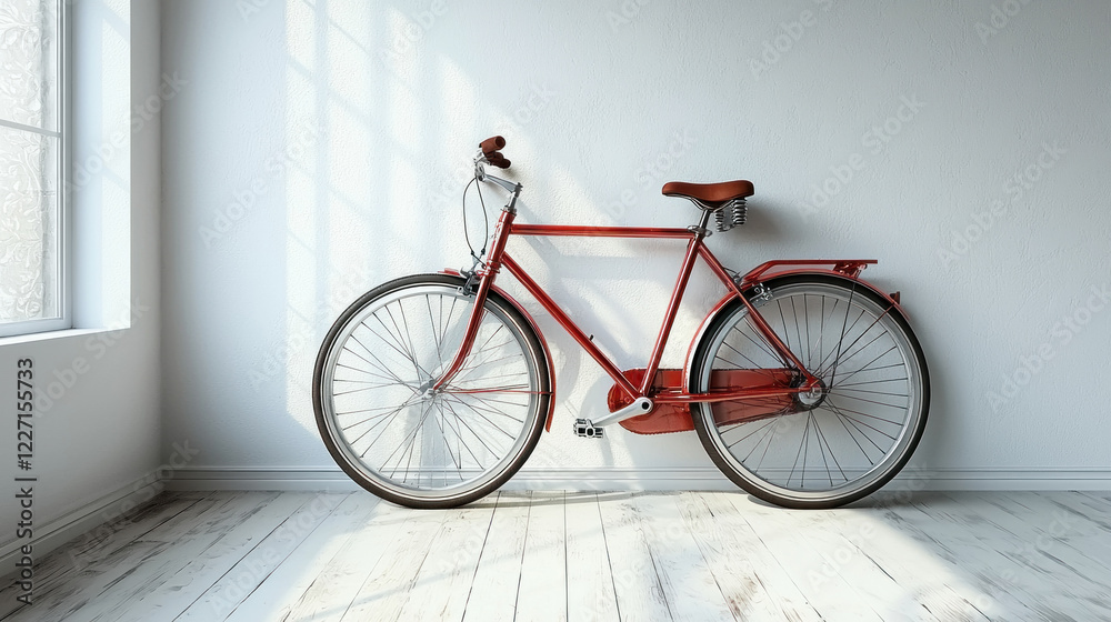 Red bicycle leaning against white wall in sunlit room with wood floor Red bicycle leaning against white wall in sunlit room with wood floor