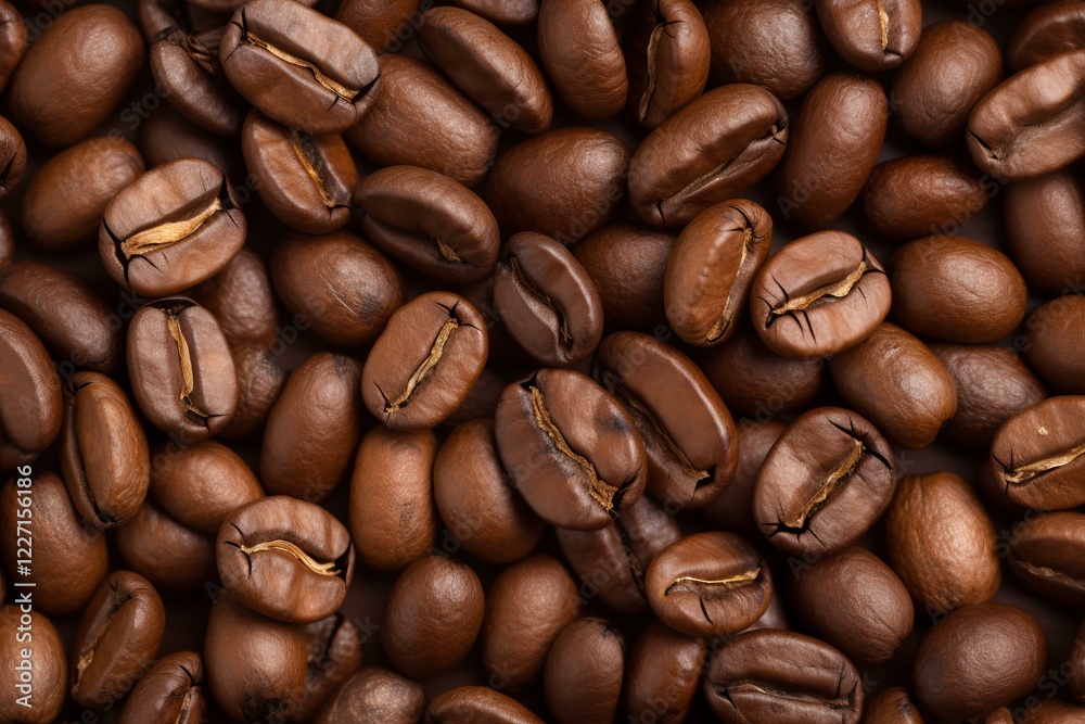 Close up view of roasted coffee beans creating a rich, textured background, ideal for cafe promotions and coffee related marketing materials Close up view of roasted coffee beans creating a rich, textured background, ideal for cafe promotions and coffee related marketing materials