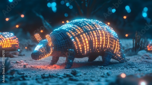 Digital representation of an armadillo illuminated by glowing patterns in a colorful underwater landscape at night photo