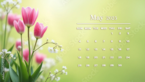 Spring background with flowers and calendar for May 2025.