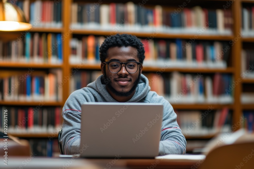 Student engaged in study session surrounded by books in college library focused environment warm lighting academic pursuit inspiring viewpoint Student engaged in study session surrounded by books in college library focused environment warm lighting academic pursuit inspiring viewpoint