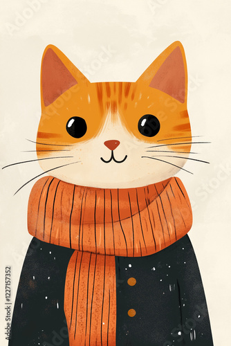 A cute illustration in soft and bold colors featuring a cat wearing a knitted sweater. Cat baby card photo