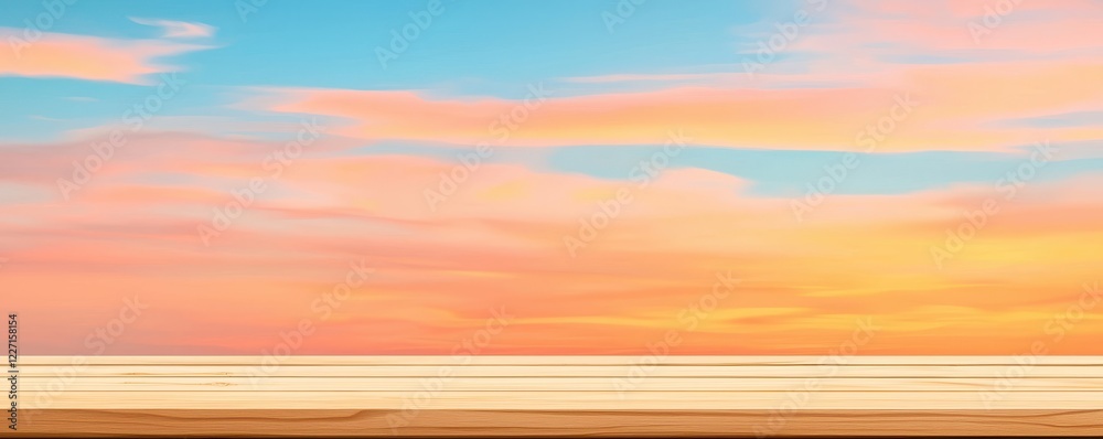 Obraz premium Serene Sunset Sky with Wooden Tabletop Peaceful Nature Background for Product Display