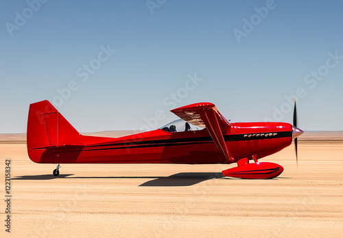 A red biplane on the ground, wide-angle shot, clear sky, sandy field in the background, ultra-realistic photography. 