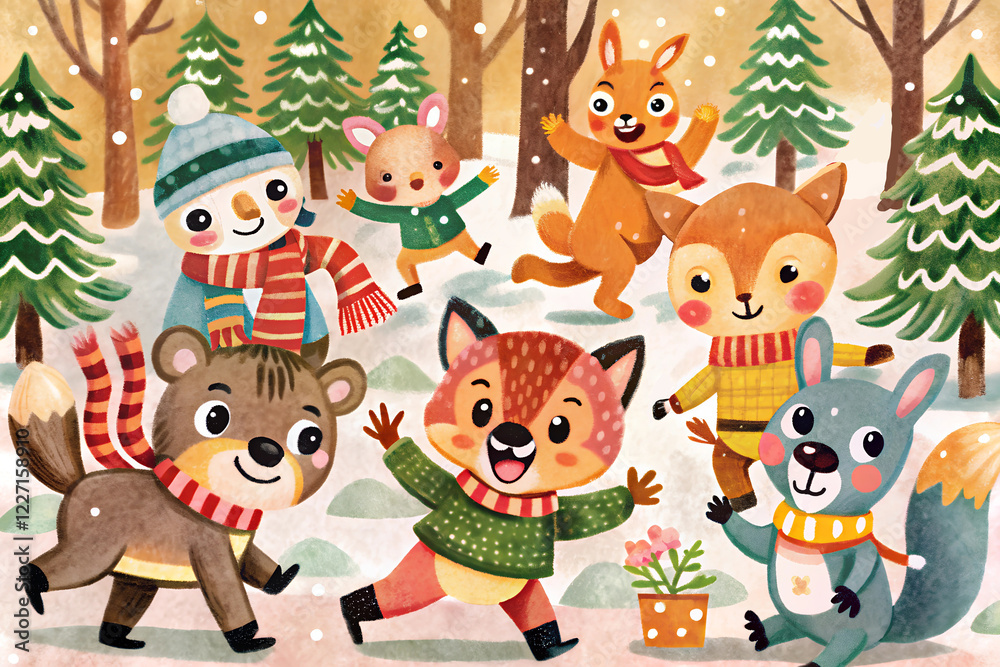 Animals cartoon playing in the snow forest Animals cartoon playing in the snow forest