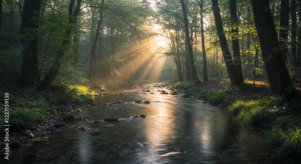 Fototapeta premium Sun Rays Streaming Forest River Landscape Photography