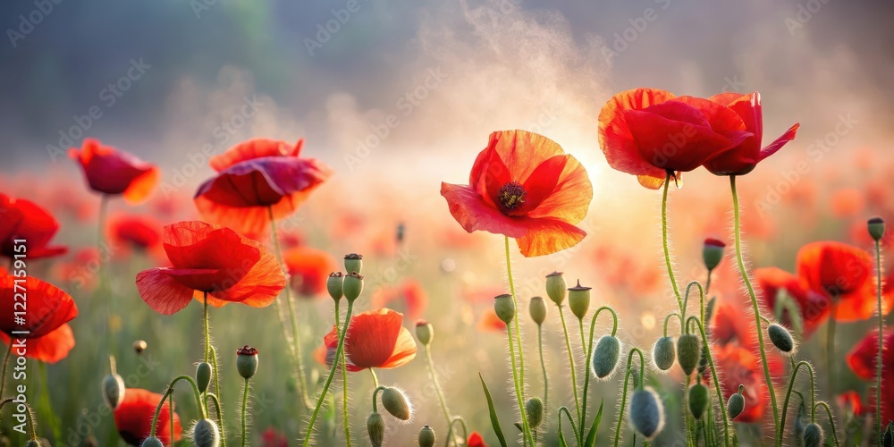 Fototapeta premium A vibrant red poppy field bathed in soft morning mist, with delicate petals swaying gently in the breeze
