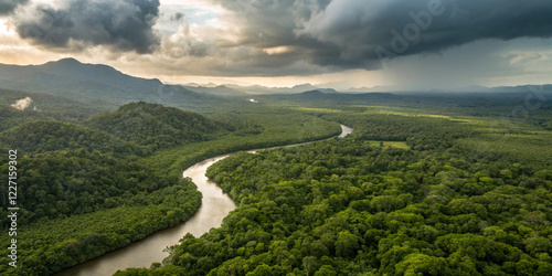 stunning aerial view of a lush green rainforest with a winding river cutting through the dense foliage, creating a mesmerizing and untouched natural paradise full of life