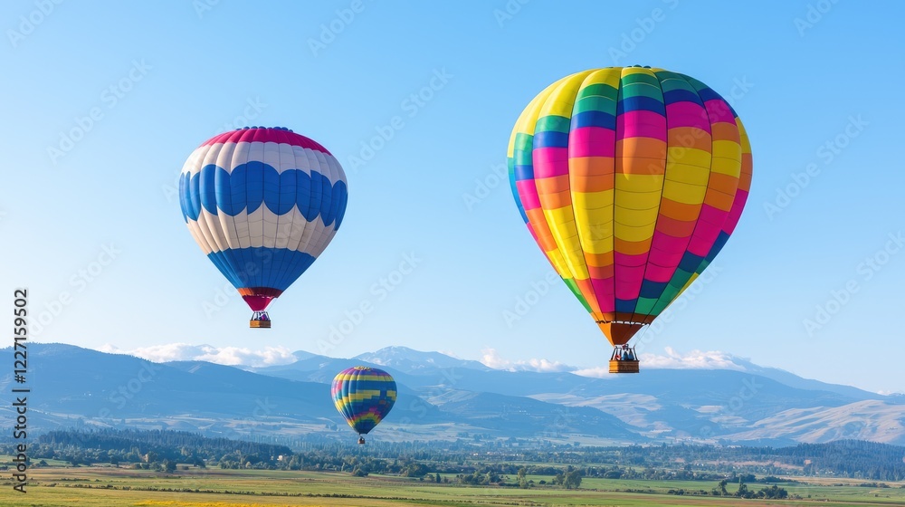 Obraz premium Colorful hot air balloons soar over tranquil valley