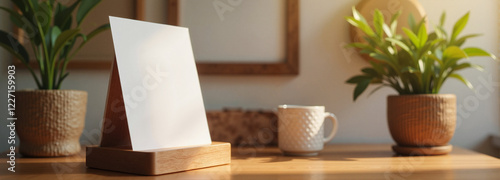 Flyer Mockup with Holder on wooden table surrounded by plants photo