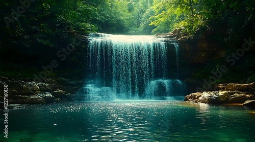 A serene waterfall cascades into a tranquil pool, surrounded by lush greenery.