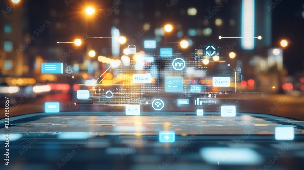 Smart city vehicle data on tablet, night Smart city vehicle data on tablet, night