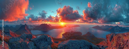 A panoramic view of Norway, featuring the ocean and mountains, captured in Lofoten