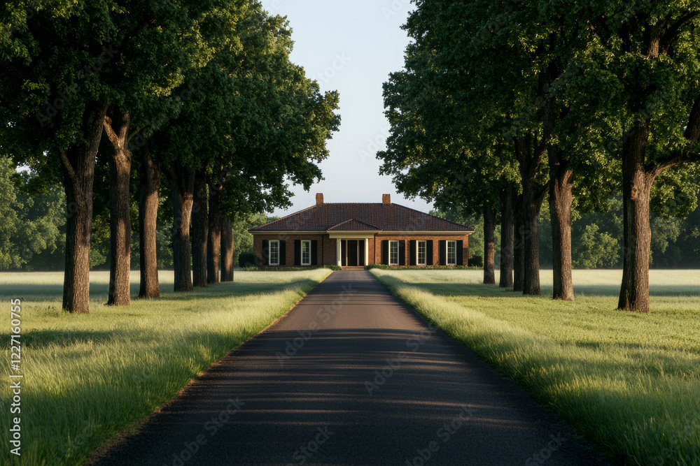 Rural property loan. serene country road lined with tall trees leads to charming house Rural property loan. serene country road lined with tall trees leads to charming house