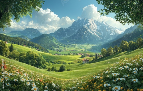A scenic view of hilly hills in the Appenzell Alps includes farmhouses and grazing cows, stretching towards the Alpstein mountains and Saentis in Appenzellerland, Canton Appenzell Innerrhoden, photo