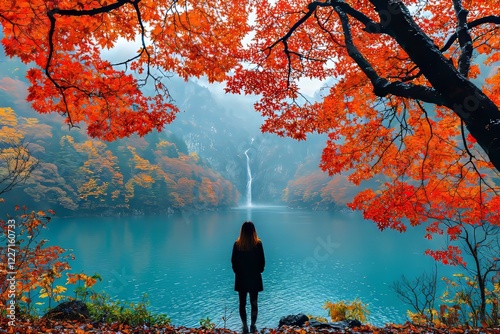 Kegon Waterfall from Lake Chuzenji in Nikko National Park, captured against a white, isolated sky with autumn trees in the foreground, showcasing a beautiful waterfall in the autumn season in photo