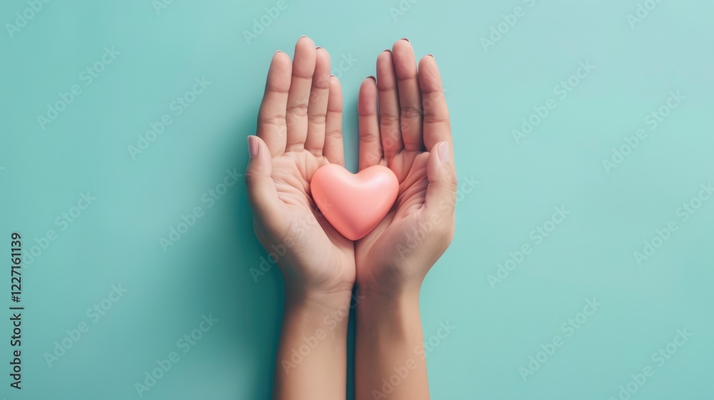 Female hands on a blue background holding a pink heart. The concept of donations and family insurance, World Heart Day. valentine's day. Female hands on a blue background holding a pink heart. The concept of donations and family insurance, World Heart Day. valentine's day.